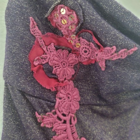 FREE PEOPLE Dress Purple Gold Metallic Strapless Floral Appliqué Ruffle Hem Sz 0 - Picture 2 of 7